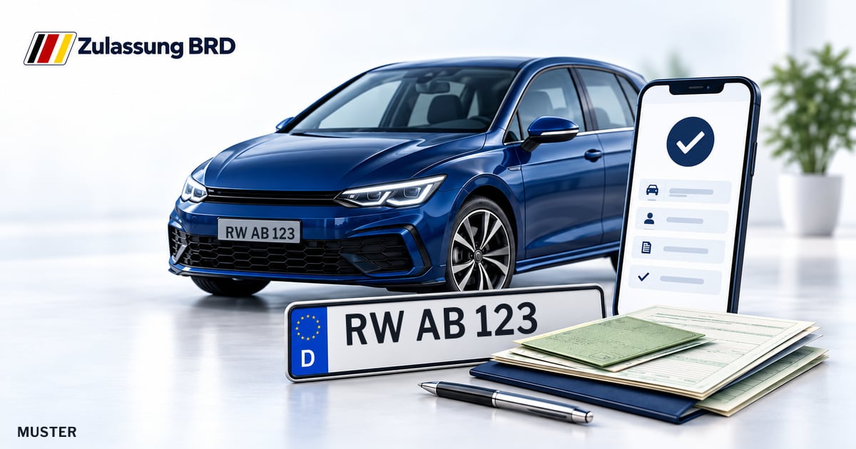 Online Fahrzeugzulassung in Oberndorf am Neckar: Musterkennzeichen RW AB 123, Auto und Fahrzeugpapiere und Smartphone. Illustration mit Logo von Zulassung BRD.